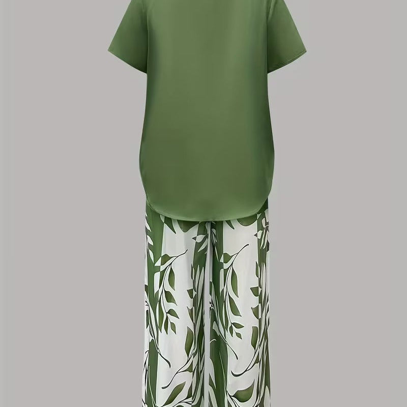Leaf Print Two Piece Set with Short Sleeve Top and Elastic Waist Pants