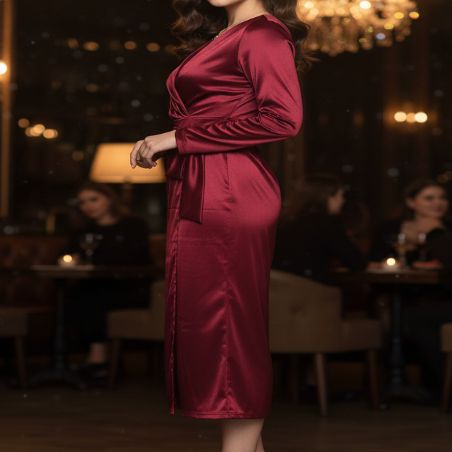 Isabelle Burgundy Wrap Maxi Dress by Lumina Wear featuring a fitted waist and flowing skirt, displayed on a hanger.