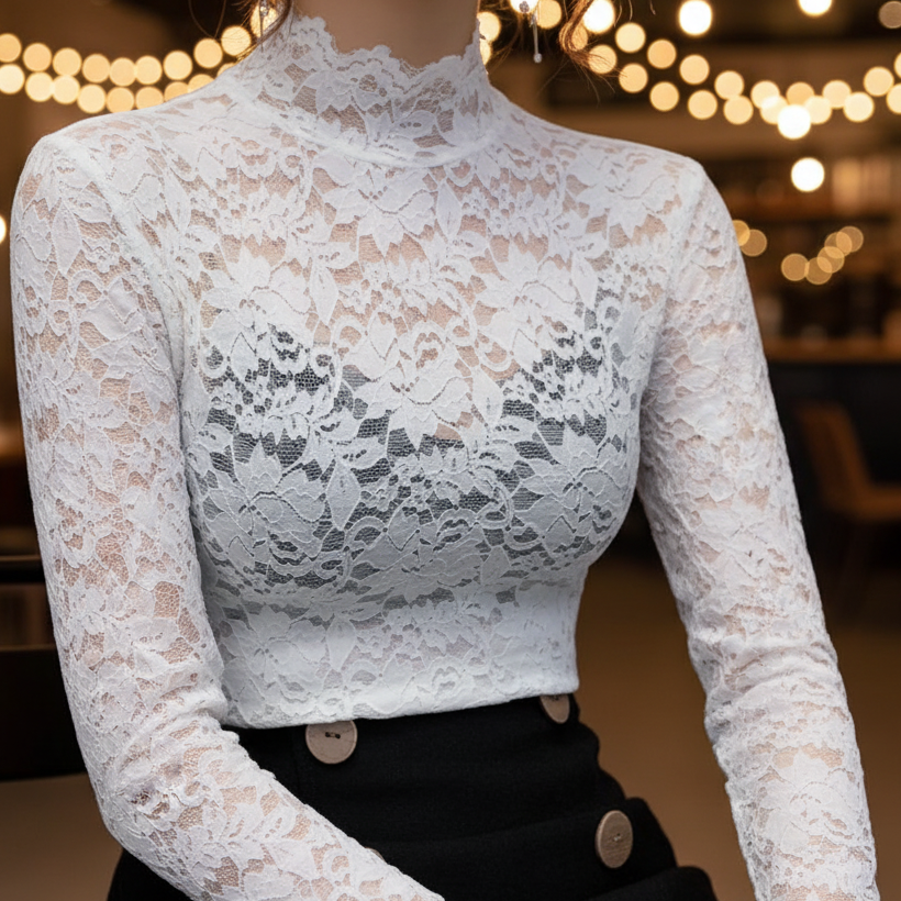 Black floral lace high neck blouse from Lumina Wear's Isabelle collection, featuring intricate lace details and a elegant fit.
