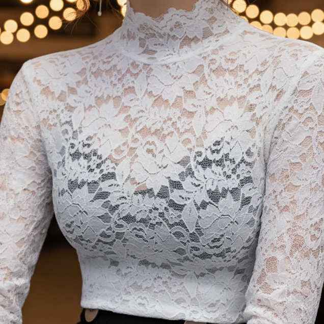 Black floral lace high neck blouse by Lumina Wear, featuring intricate lace details and a fitted silhouette.