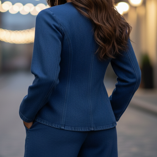 Isabelle tailored denim set by Lumina Wear featuring a blue denim jacket and matching pants, shown in size XS.