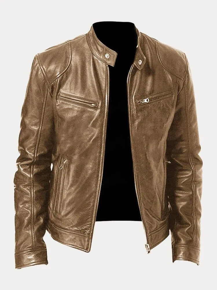 Faux Leather Jacket with Metal Front Zipper and Fitted Cuffs, Stand Collar