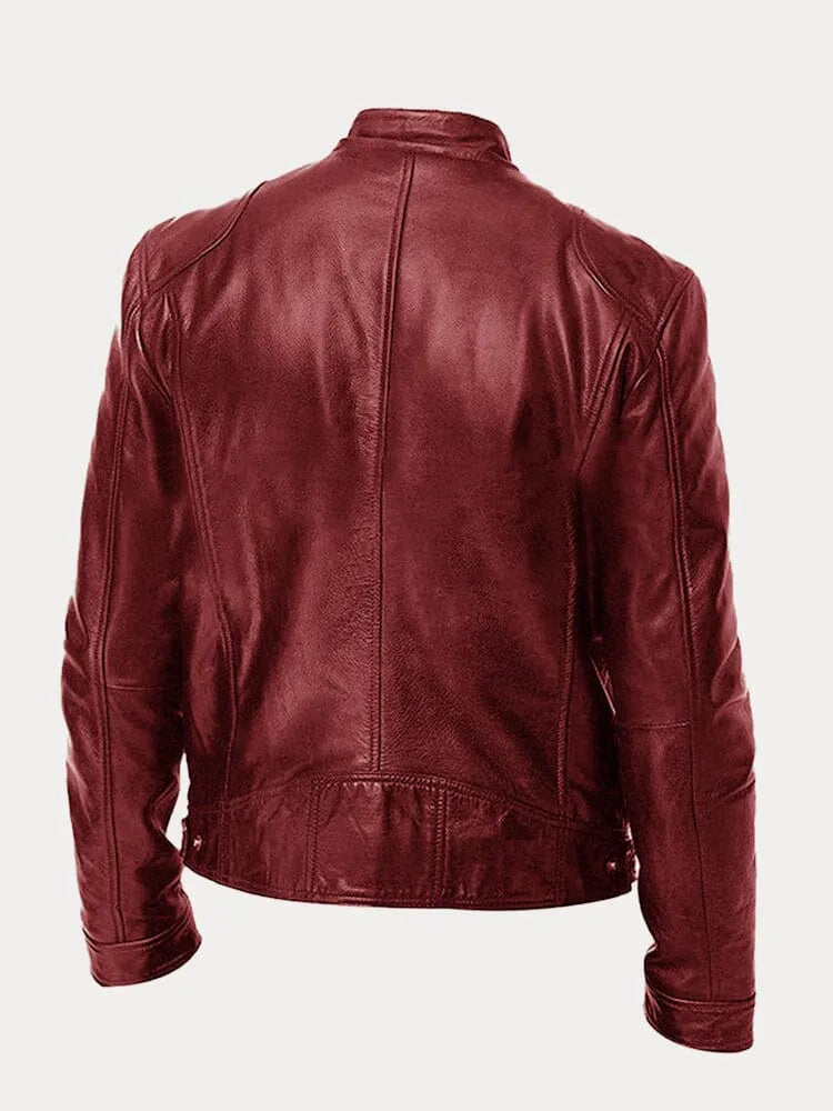 Faux Leather Jacket with Metal Front Zipper and Fitted Cuffs, Stand Collar