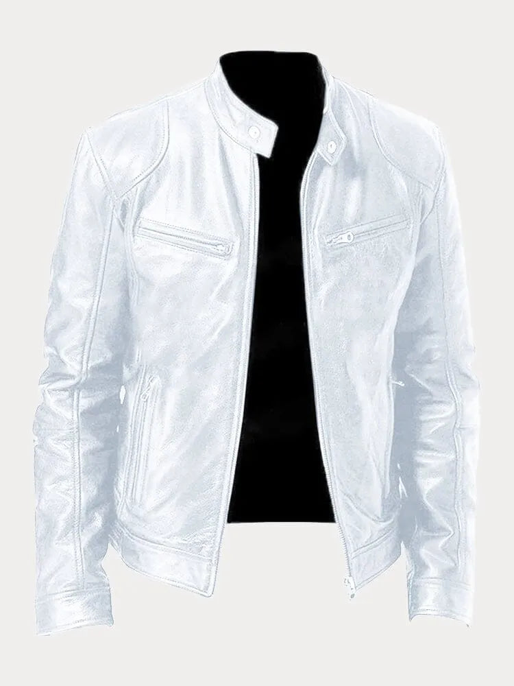 Faux Leather Jacket with Metal Front Zipper and Fitted Cuffs, Stand Collar
