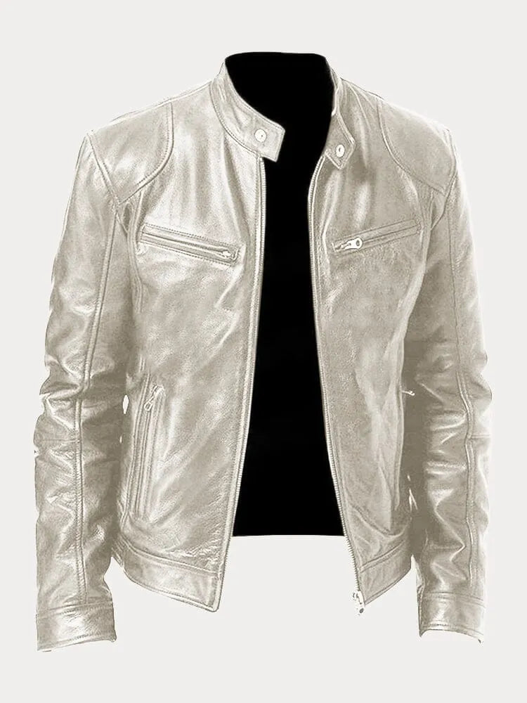 Faux Leather Jacket with Metal Front Zipper and Fitted Cuffs, Stand Collar