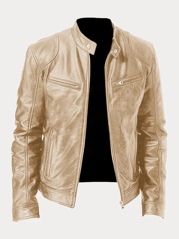 Faux Leather Jacket with Metal Front Zipper and Fitted Cuffs, Stand Collar