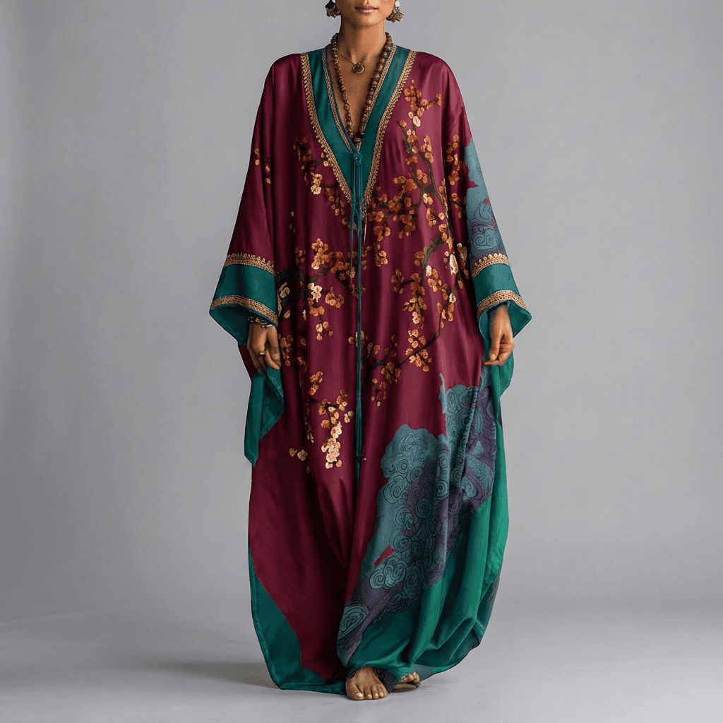 Floral Maxi Dress with Batwing Sleeves and Side Pockets - Plum Blossom Print