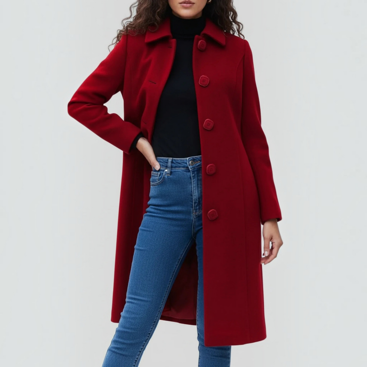 Womens Winter Trench Coat with Button Front and Flared Hem, Machine Washable