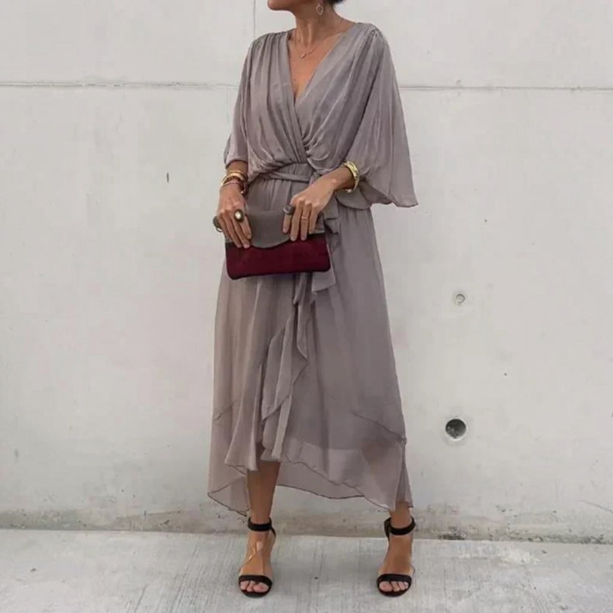 Silk V-Neck Dress with Light Muslin and Relaxed A-Line, for Day or Evening