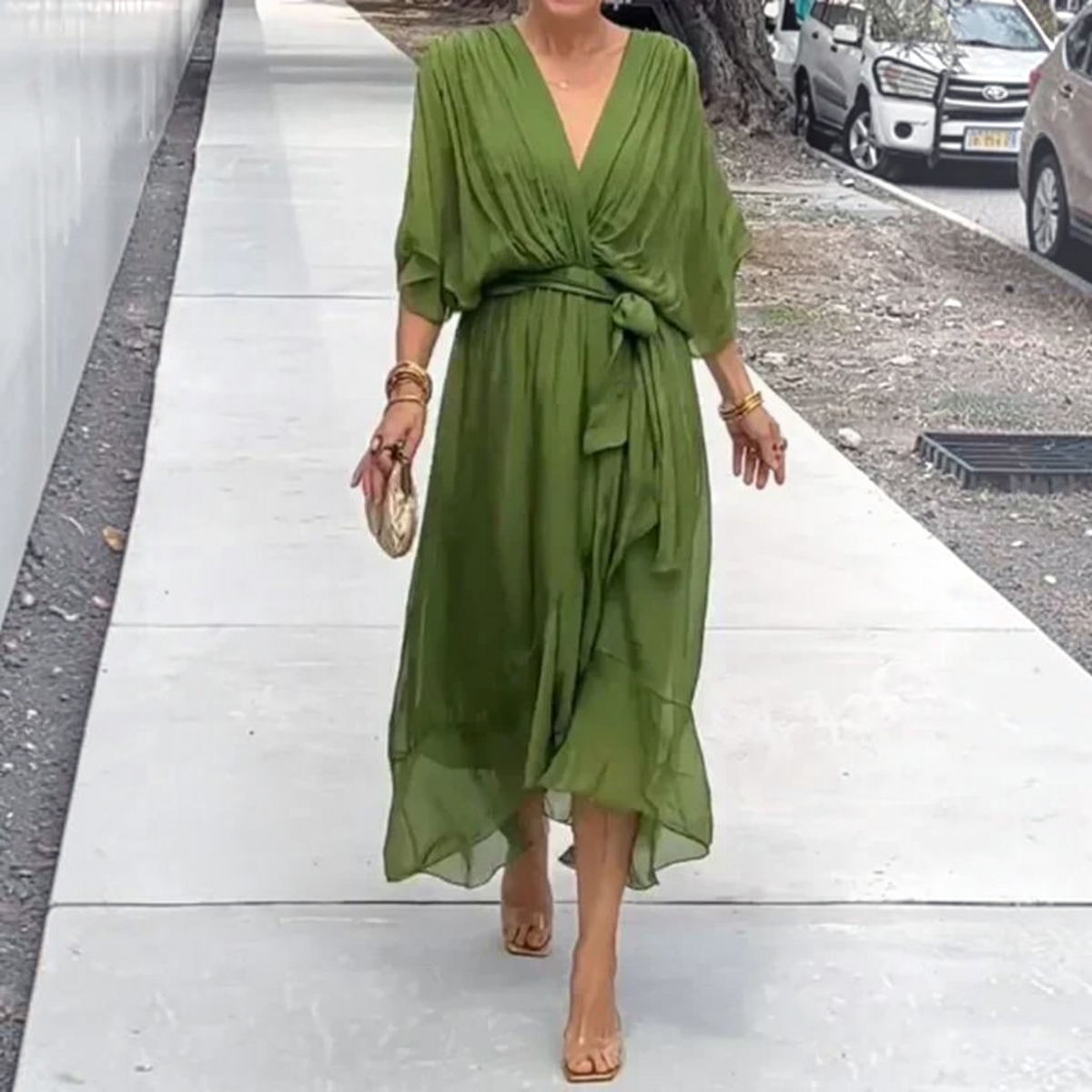 Silk V-Neck Dress with Light Muslin and Relaxed A-Line, for Day or Evening