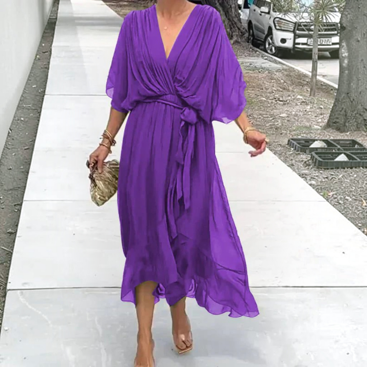Silk V-Neck Dress with Light Muslin and Relaxed A-Line, for Day or Evening