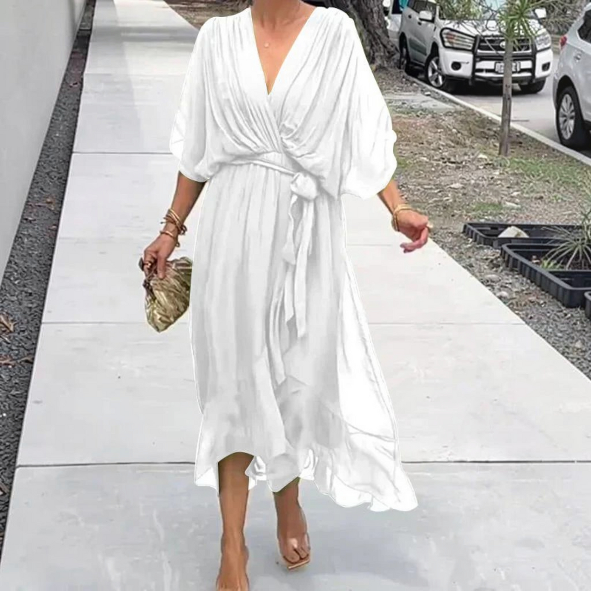 Silk V-Neck Dress with Light Muslin and Relaxed A-Line, for Day or Evening