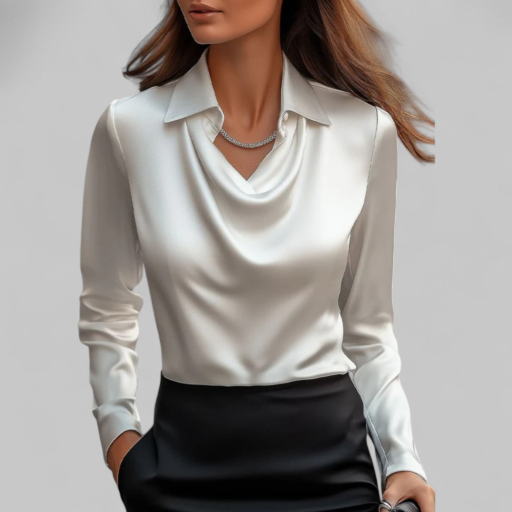 Womens Satin Blouse with Draped Neckline and Long Sleeves, Relaxed Tailored Fit