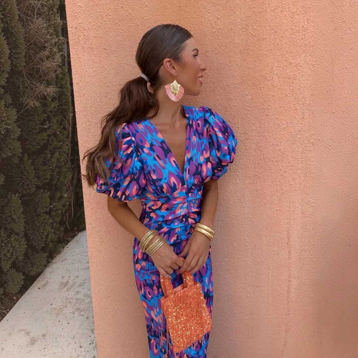 Puff Sleeve Printed Dress with Lightweight Fabric and A-Line Fit, Knee Length
