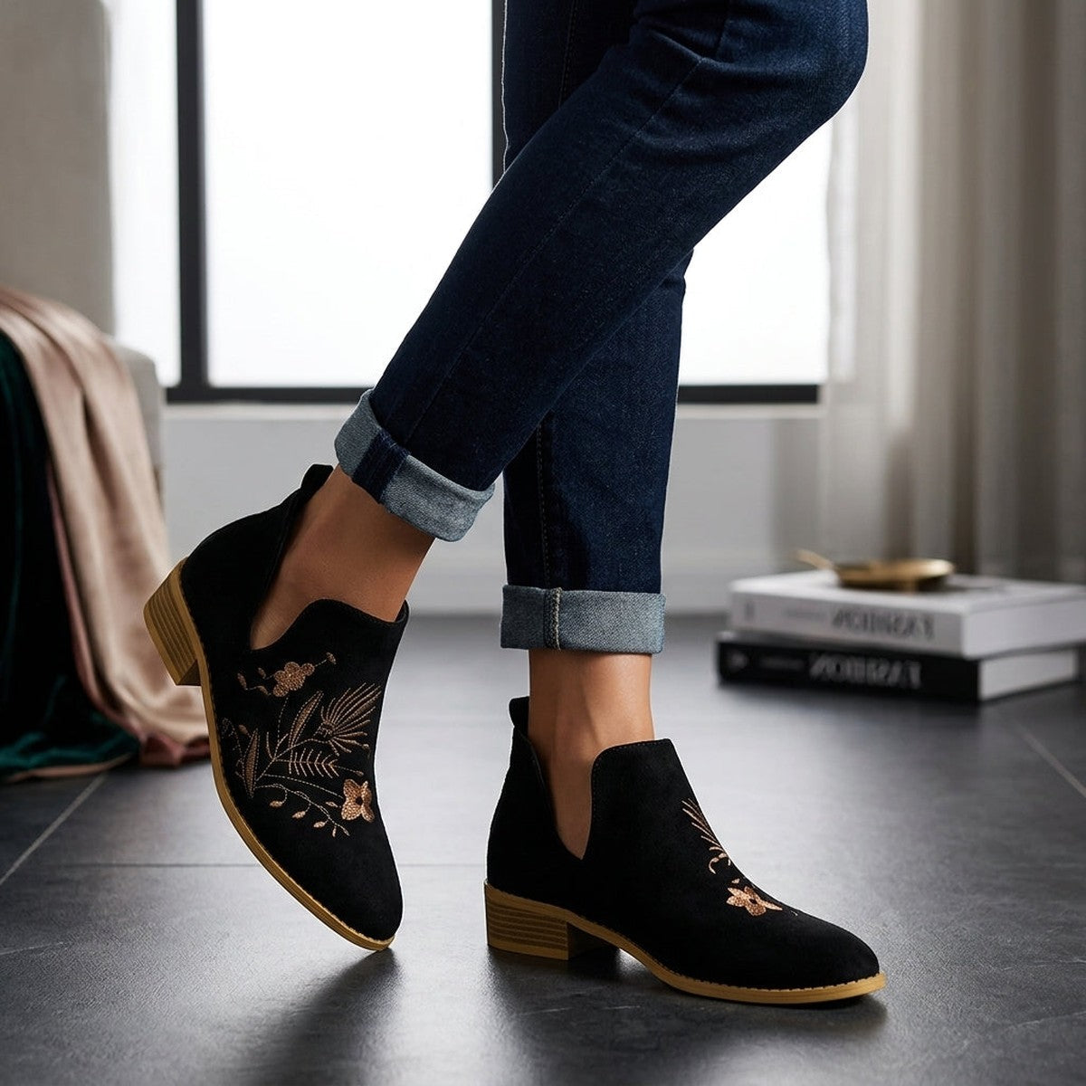 Western Ankle Boots with Floral Embroidery and Chunky Block Heel