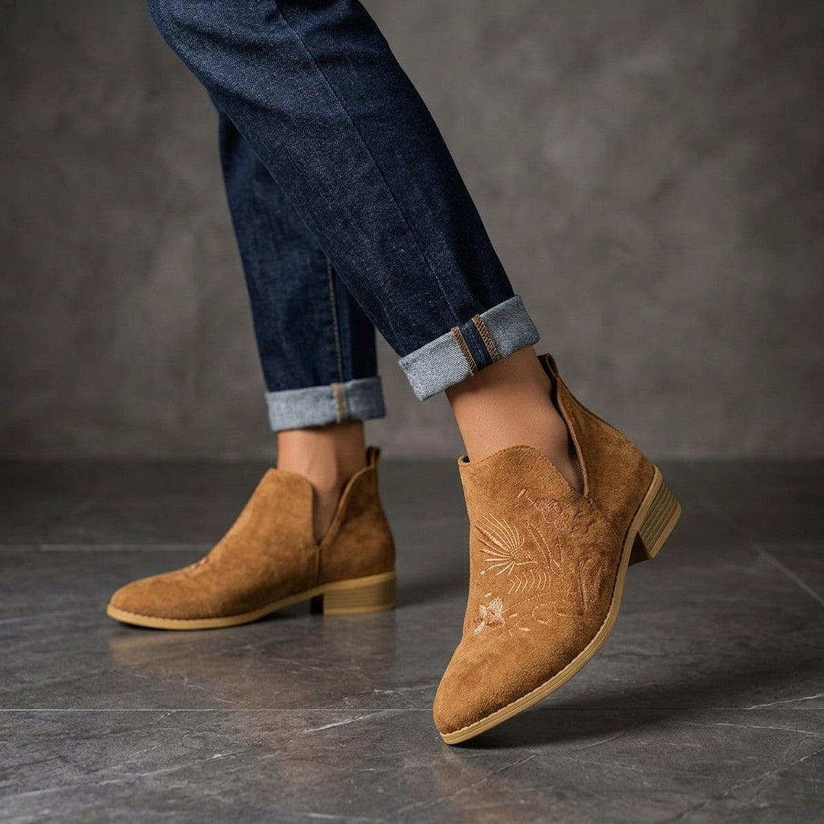 Western Ankle Boots with Floral Embroidery and Chunky Block Heel