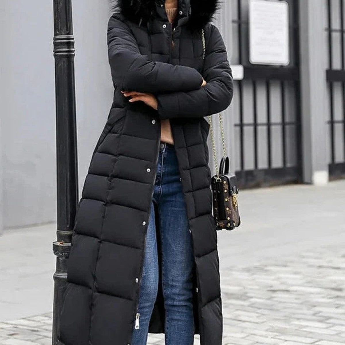 Quilted Puffer Winter Coat with Stand Collar and Snap Button Closure