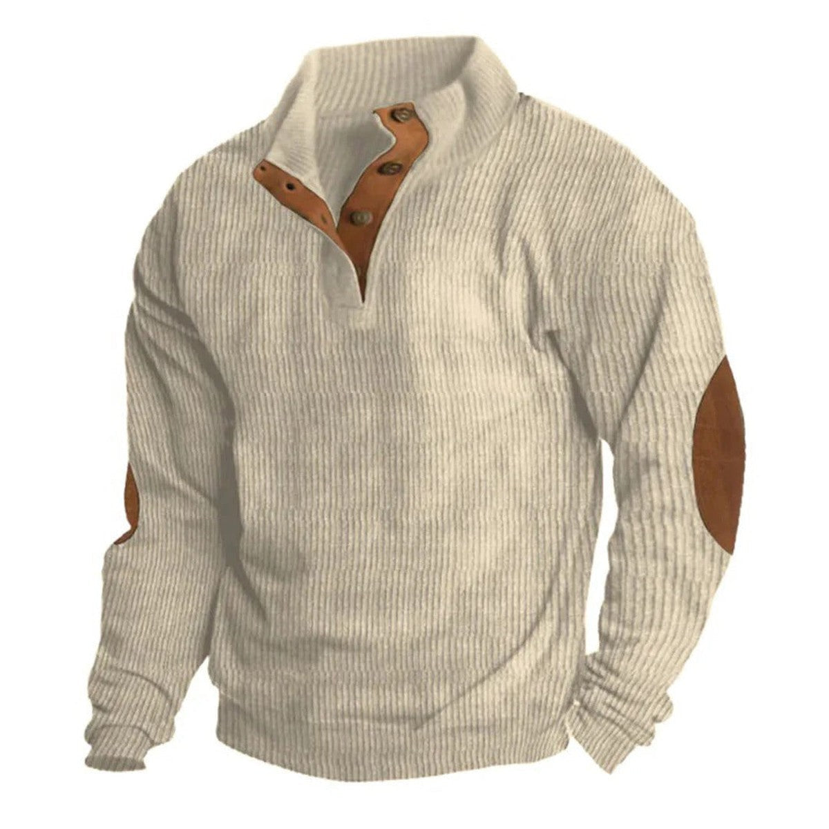 Men Ribbed Knit Pullover Sweater with Button Collar and Elbow Patches