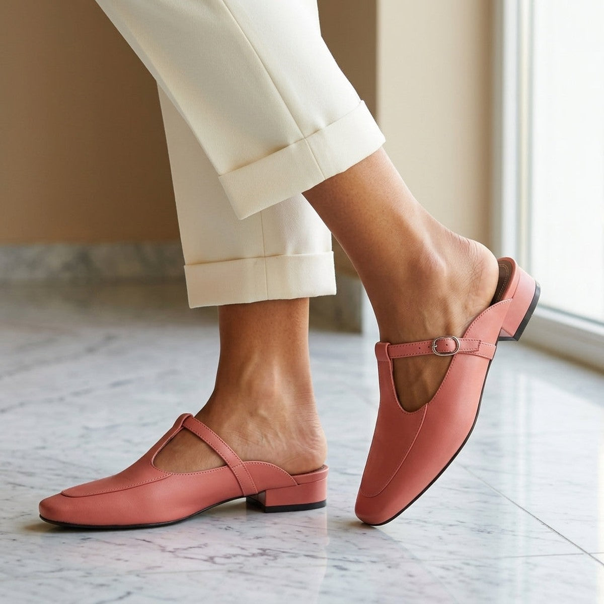 Low Block Heel Leather Mules with Pointed Toe for Casual Wear