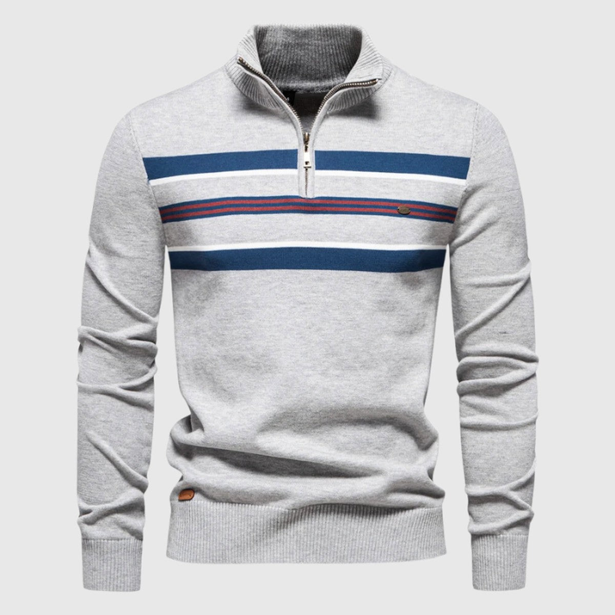 Men Long Sleeve Quarter Zip Knit Sweater with Horizontal Striped Chest Design