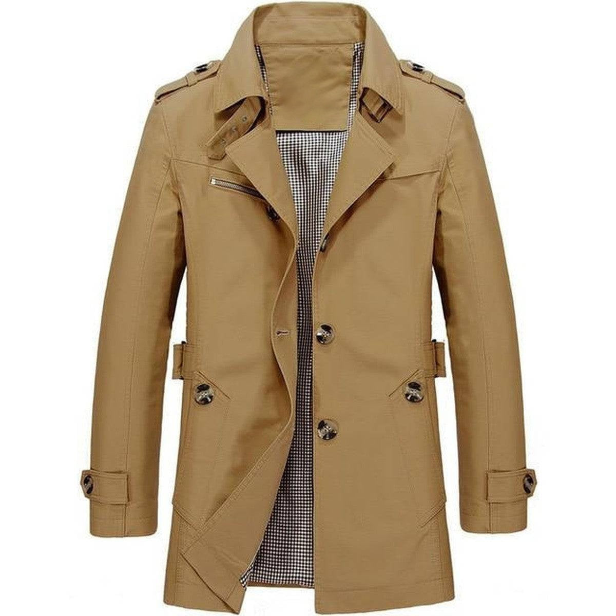 Double Breasted Long Trench Coat with Waist Belt and Lapel Collar