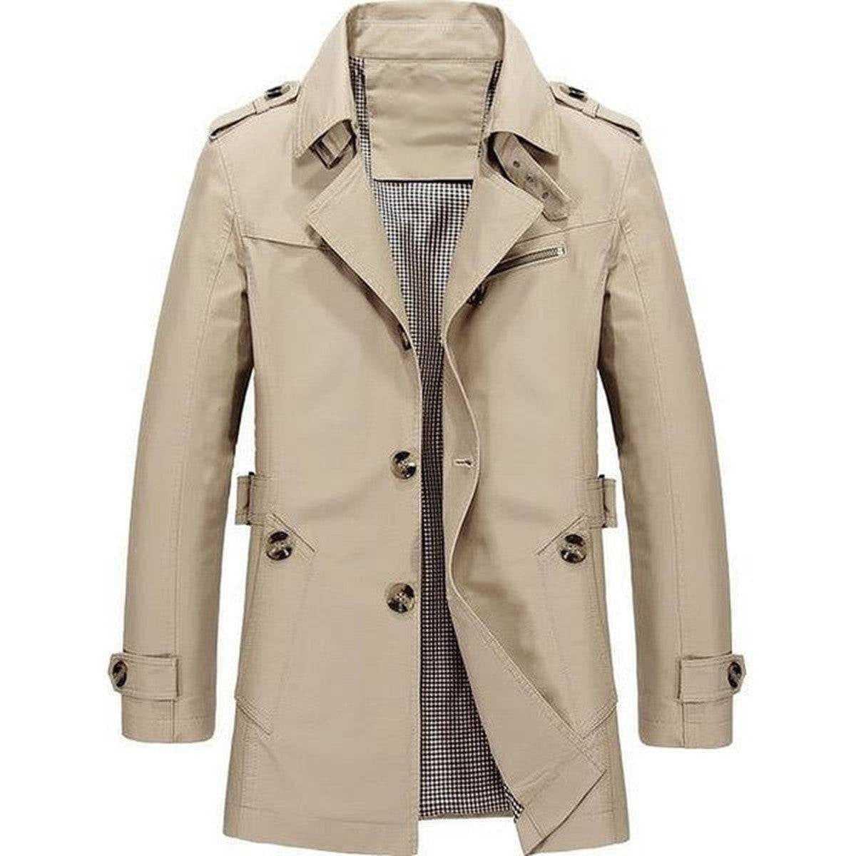 Double Breasted Long Trench Coat with Waist Belt and Lapel Collar
