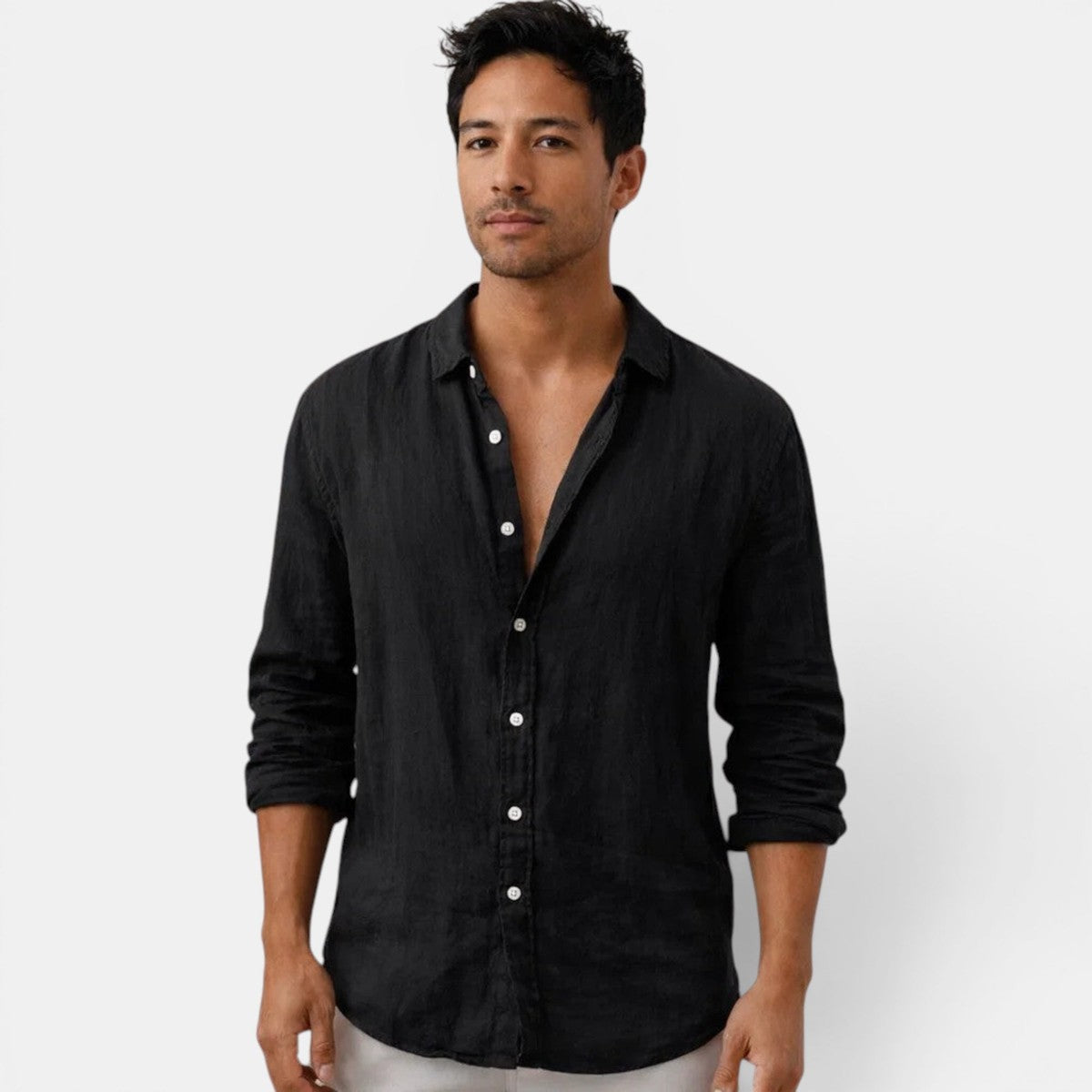 Mens Long Sleeve Button Up Shirt with Open Collar and Textured Fabric