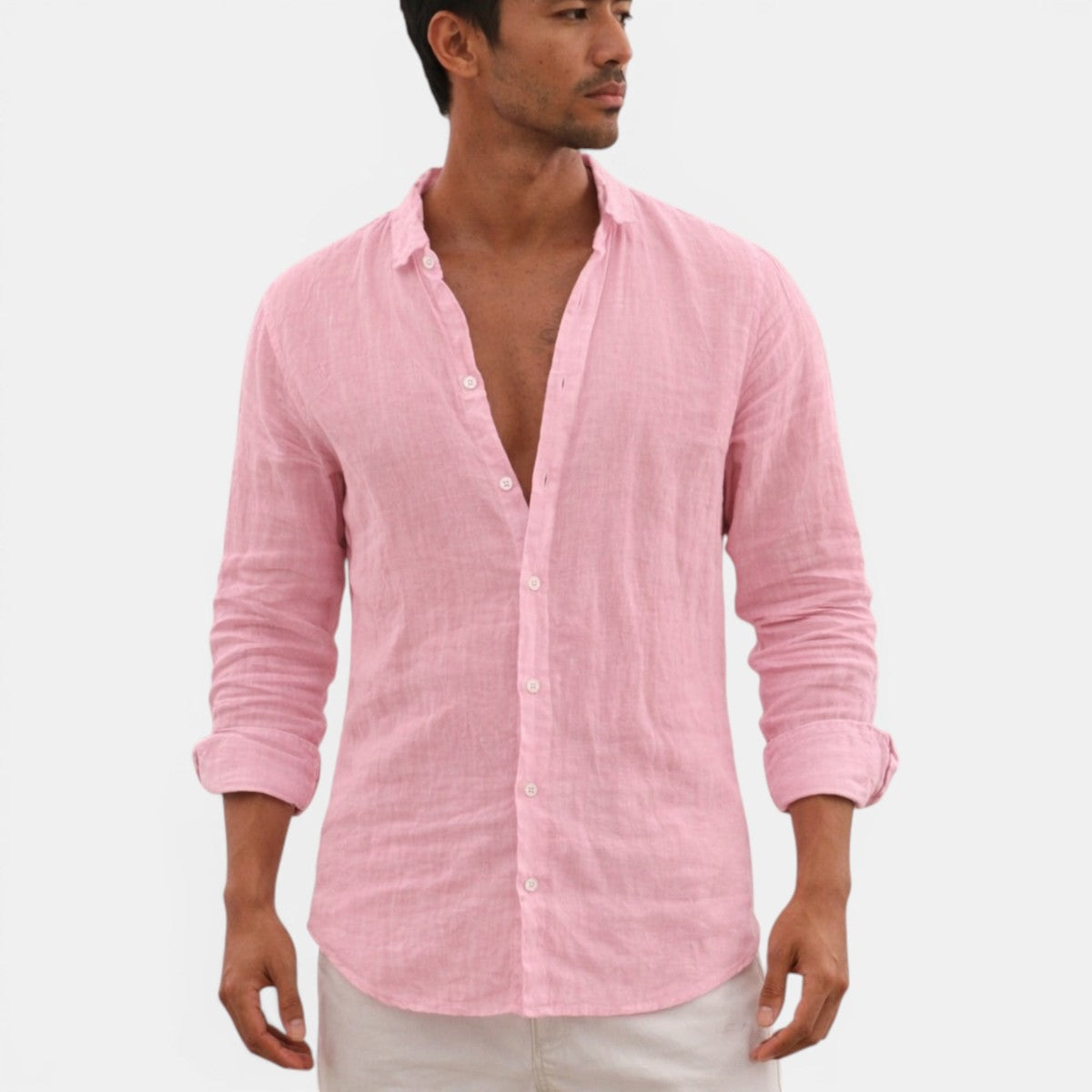 Mens Long Sleeve Button Up Shirt with Open Collar and Textured Fabric