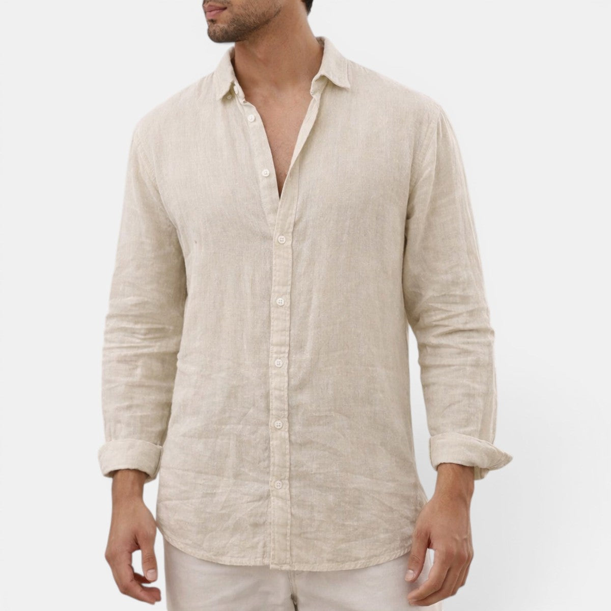 Mens Long Sleeve Button Up Shirt with Open Collar and Textured Fabric