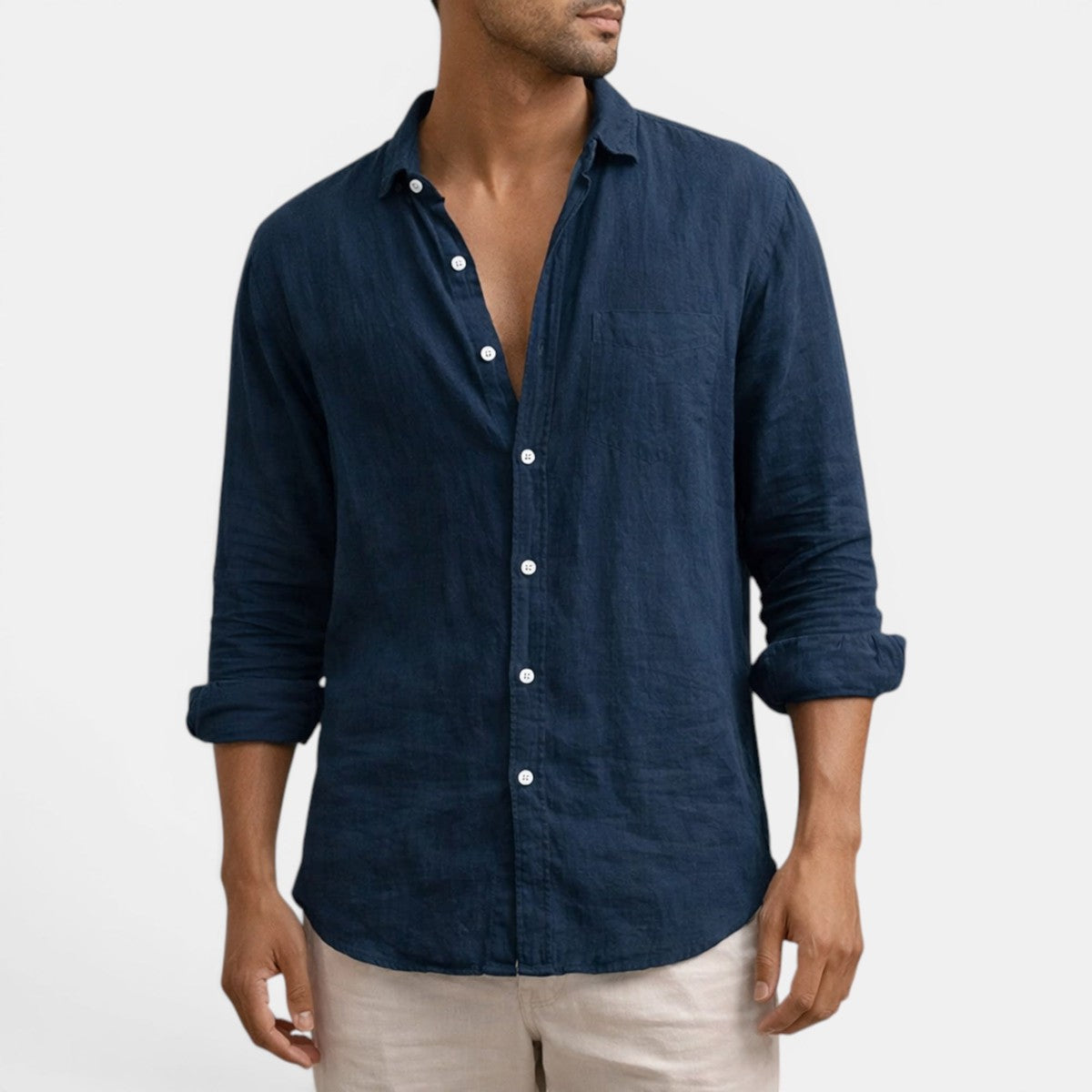 Mens Long Sleeve Button Up Shirt with Open Collar and Textured Fabric