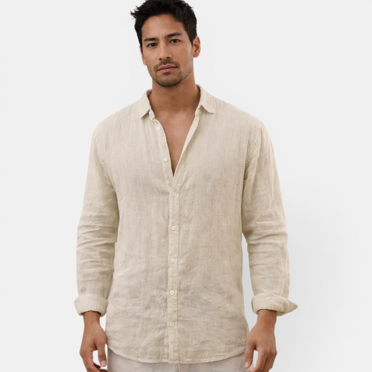 Mens Long Sleeve Button Up Shirt with Open Collar and Textured Fabric