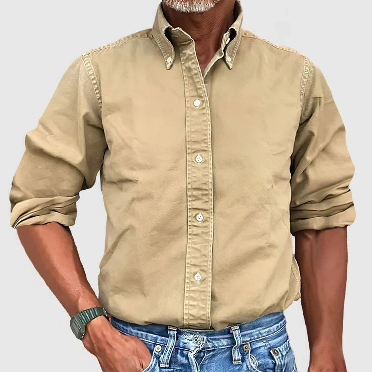 Casual Cotton Linen Shirt with Band Collar and Long Sleeves