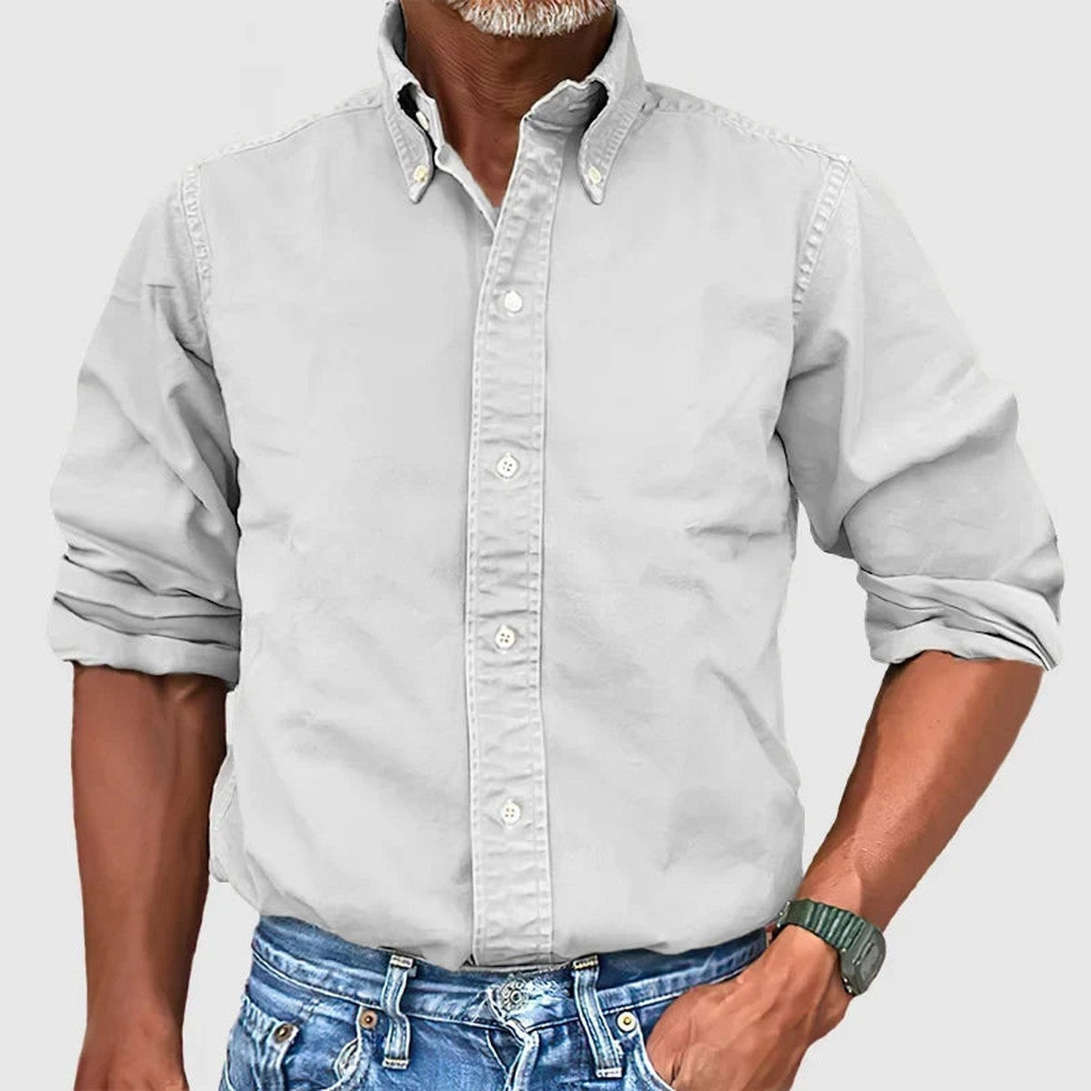 Casual Cotton Linen Shirt with Band Collar and Long Sleeves
