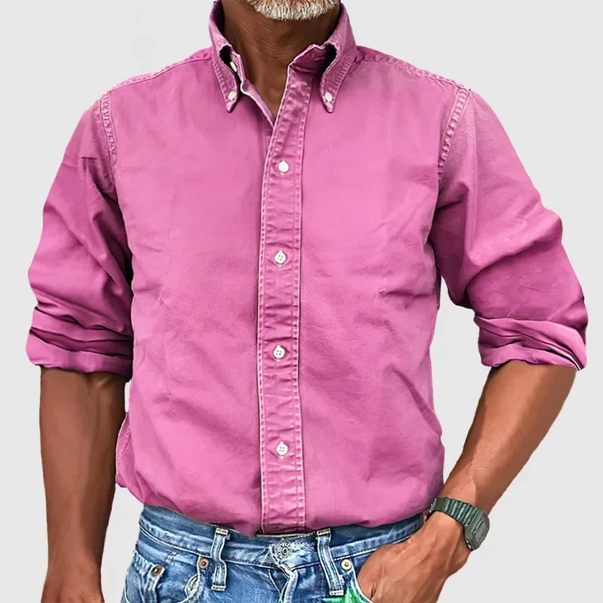 Casual Cotton Linen Shirt with Band Collar and Long Sleeves
