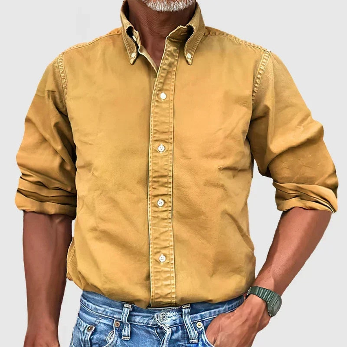 Casual Cotton Linen Shirt with Band Collar and Long Sleeves