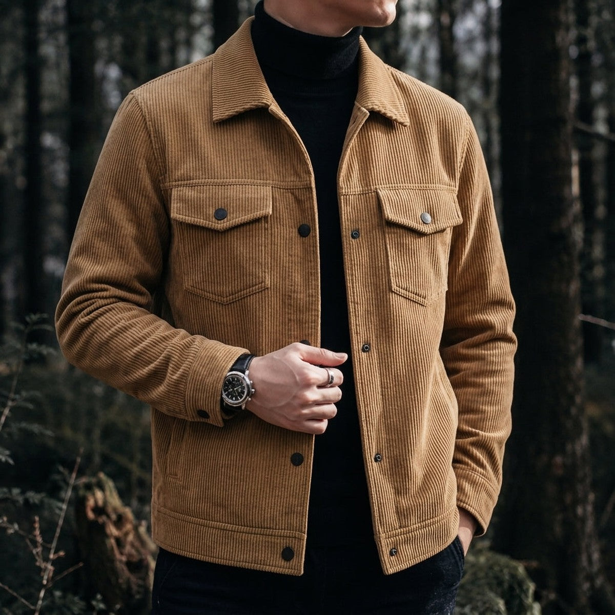Men Corduroy Button Up Shirt Jacket with Flap Chest Pockets