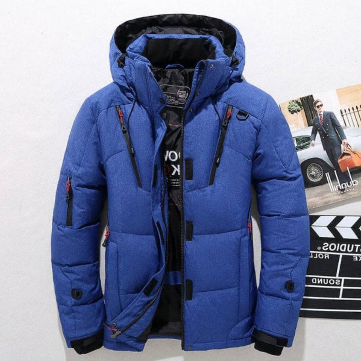 Men Lightweight Duck Down Winter Jacket with Hood and Zipper Pockets