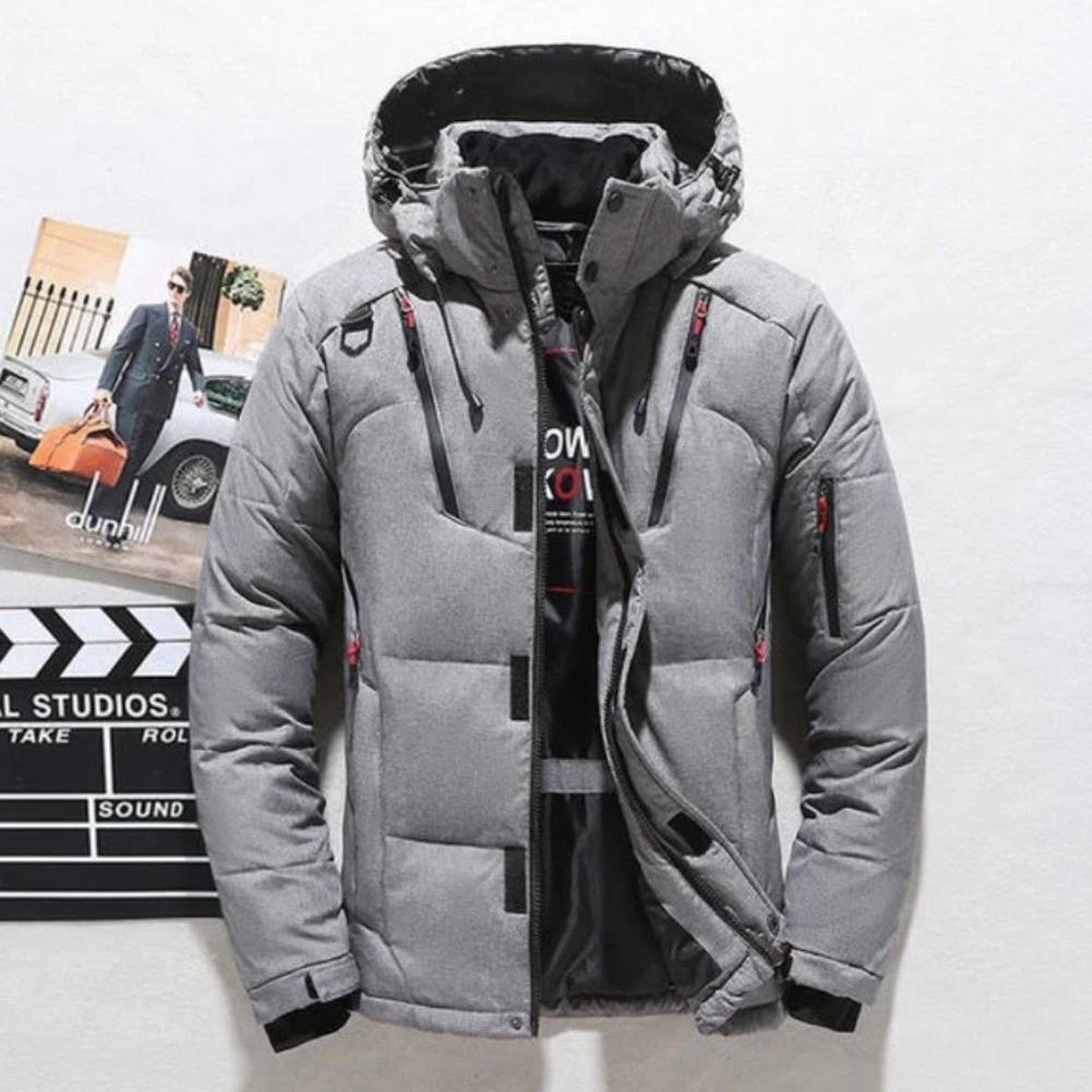 Men Lightweight Duck Down Winter Jacket with Hood and Zipper Pockets