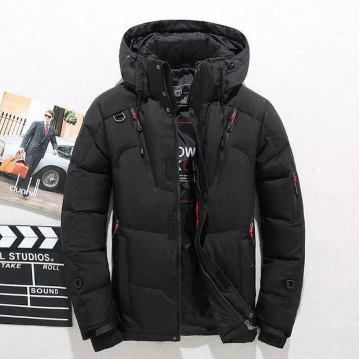 Men Lightweight Duck Down Winter Jacket with Hood and Zipper Pockets