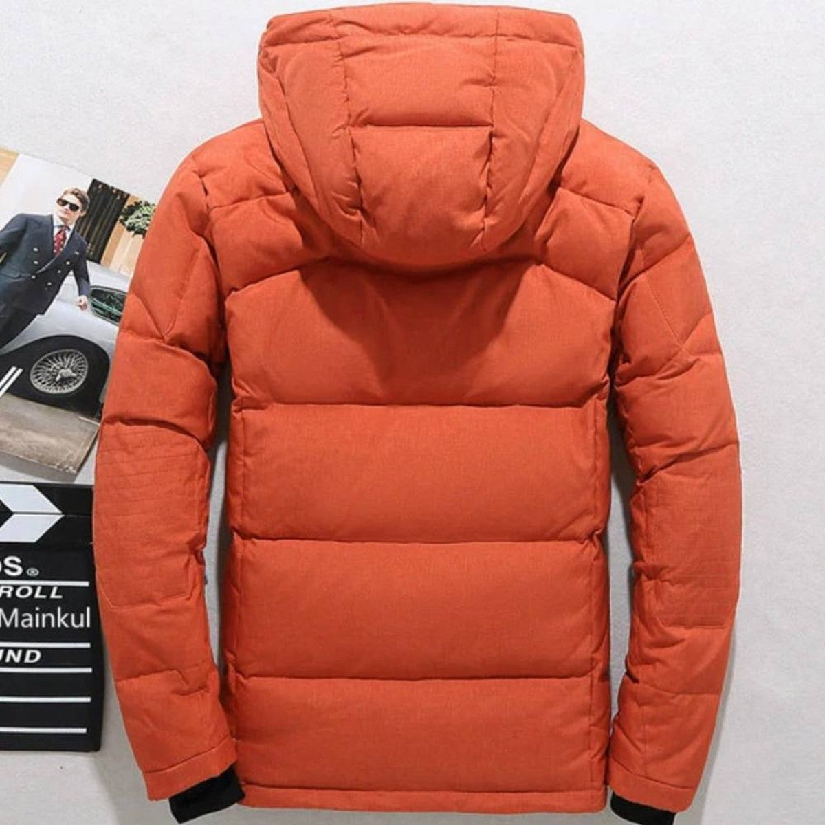 Men Lightweight Duck Down Winter Jacket with Hood and Zipper Pockets
