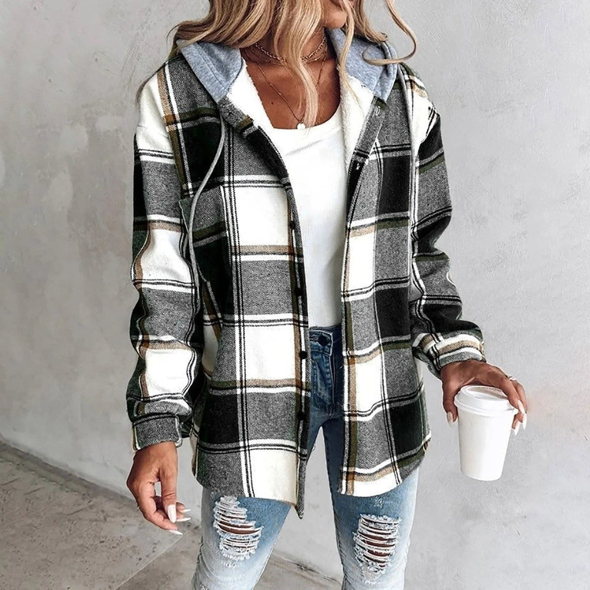 Oversized Plaid Cardigan with Button Front and Flat Collar, Roomy Fit