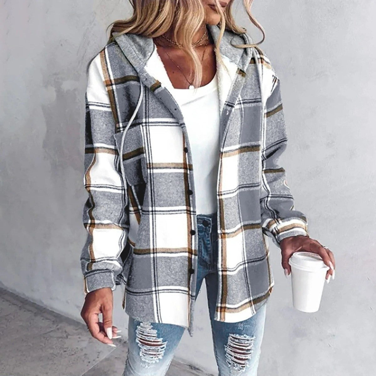 Oversized Plaid Cardigan with Button Front and Flat Collar, Roomy Fit