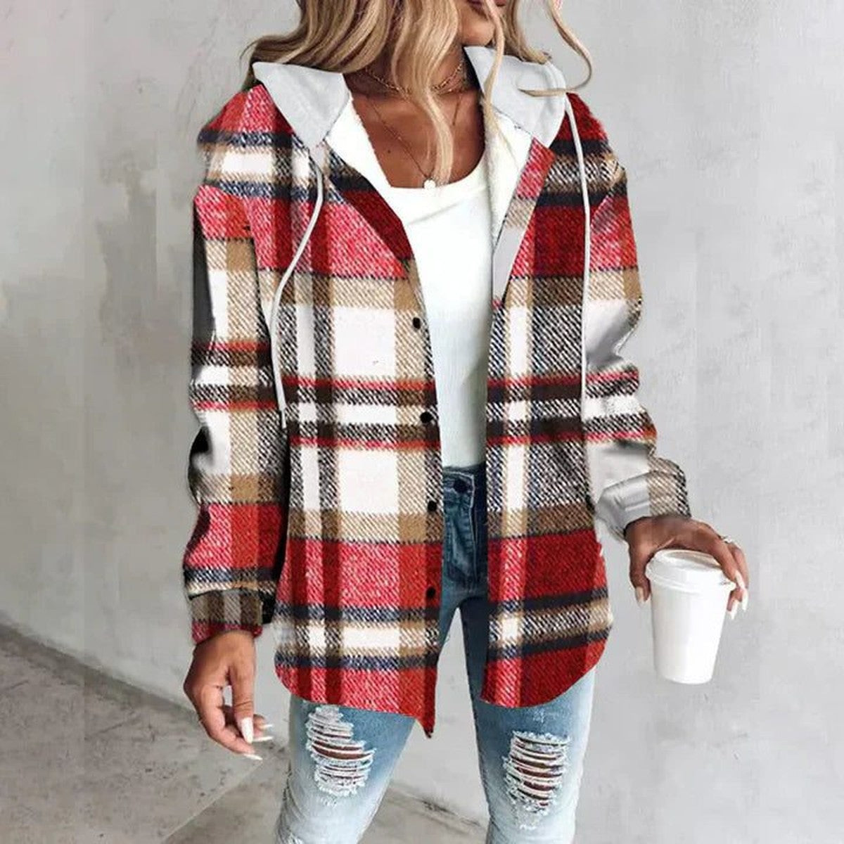 Oversized Plaid Cardigan with Button Front and Flat Collar, Roomy Fit