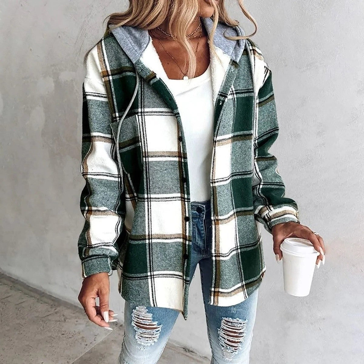 Oversized Plaid Cardigan with Button Front and Flat Collar, Roomy Fit