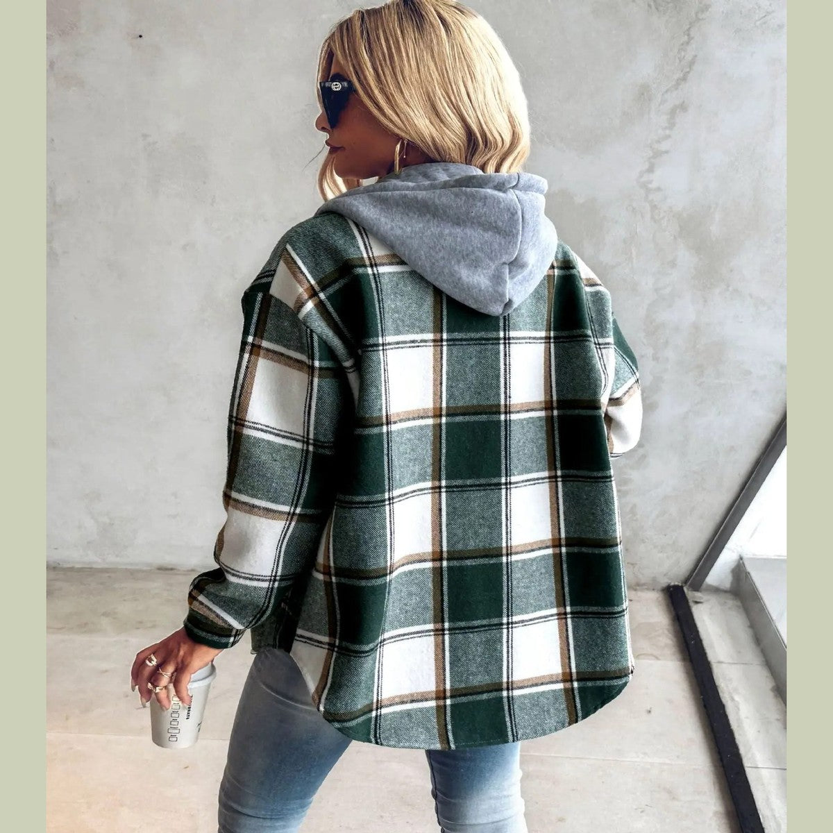 Oversized Plaid Cardigan with Button Front and Flat Collar, Roomy Fit