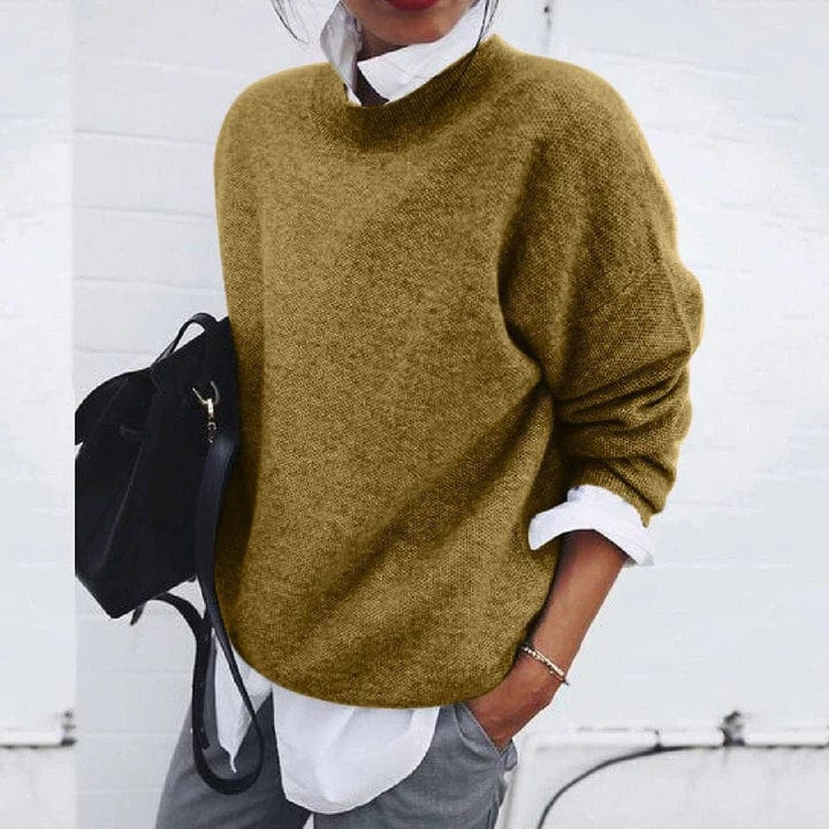 Long Sleeve Crewneck Cashmere Sweater with Ribbed Cuffs and Hem