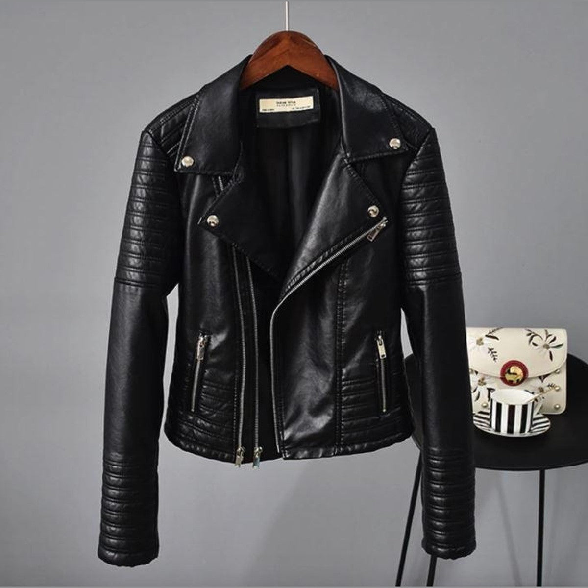 Women Black Synthetic Leather Biker Jacket with Front Zipper and Zip Pockets
