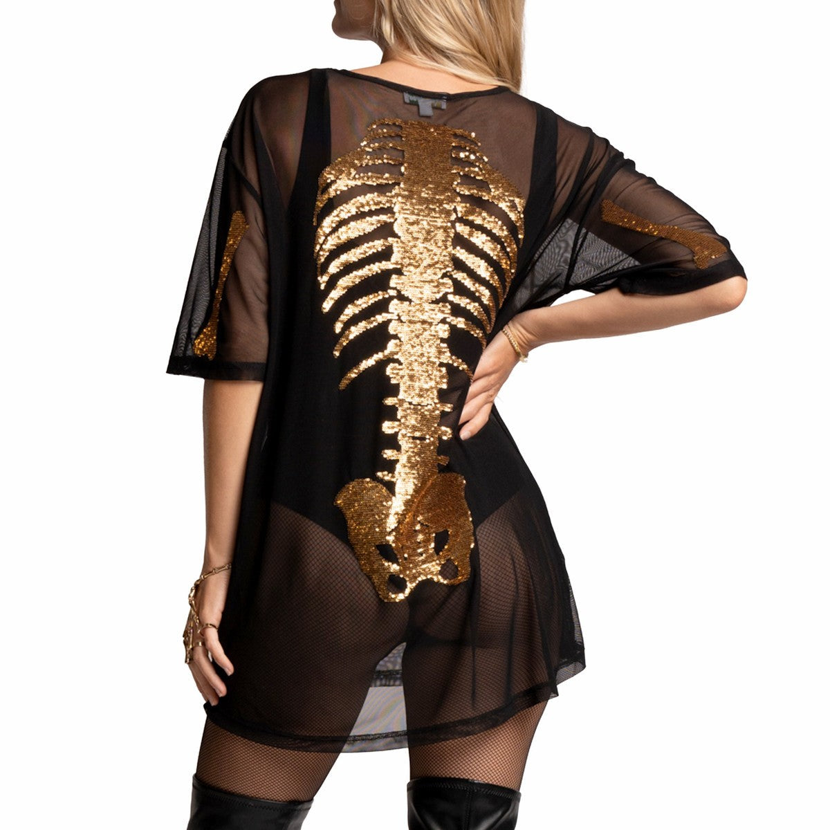 Metallic Gold Skeleton Graphic Short Sleeve Bodycon Dress with Sheer Mesh