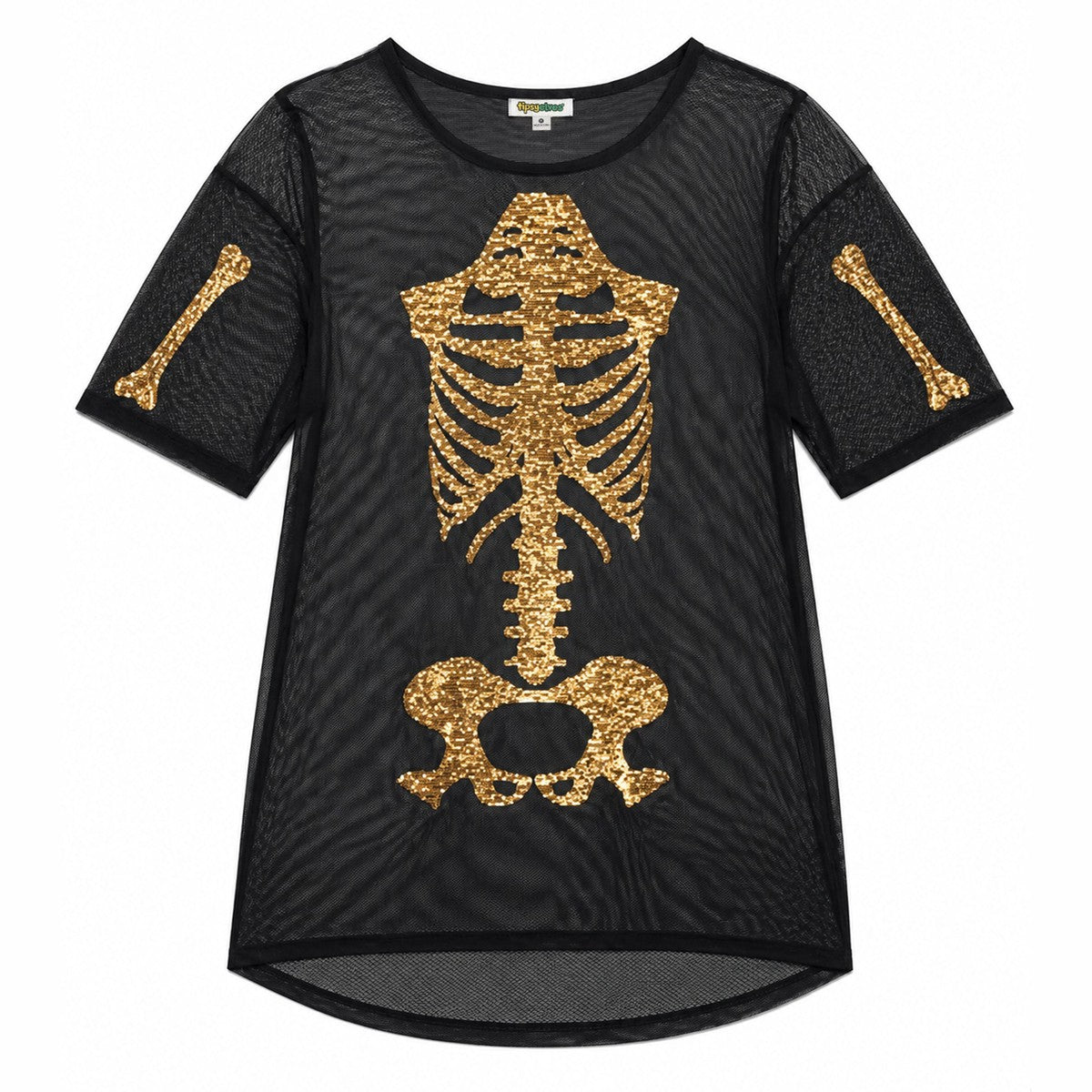 Metallic Gold Skeleton Graphic Short Sleeve Bodycon Dress with Sheer Mesh