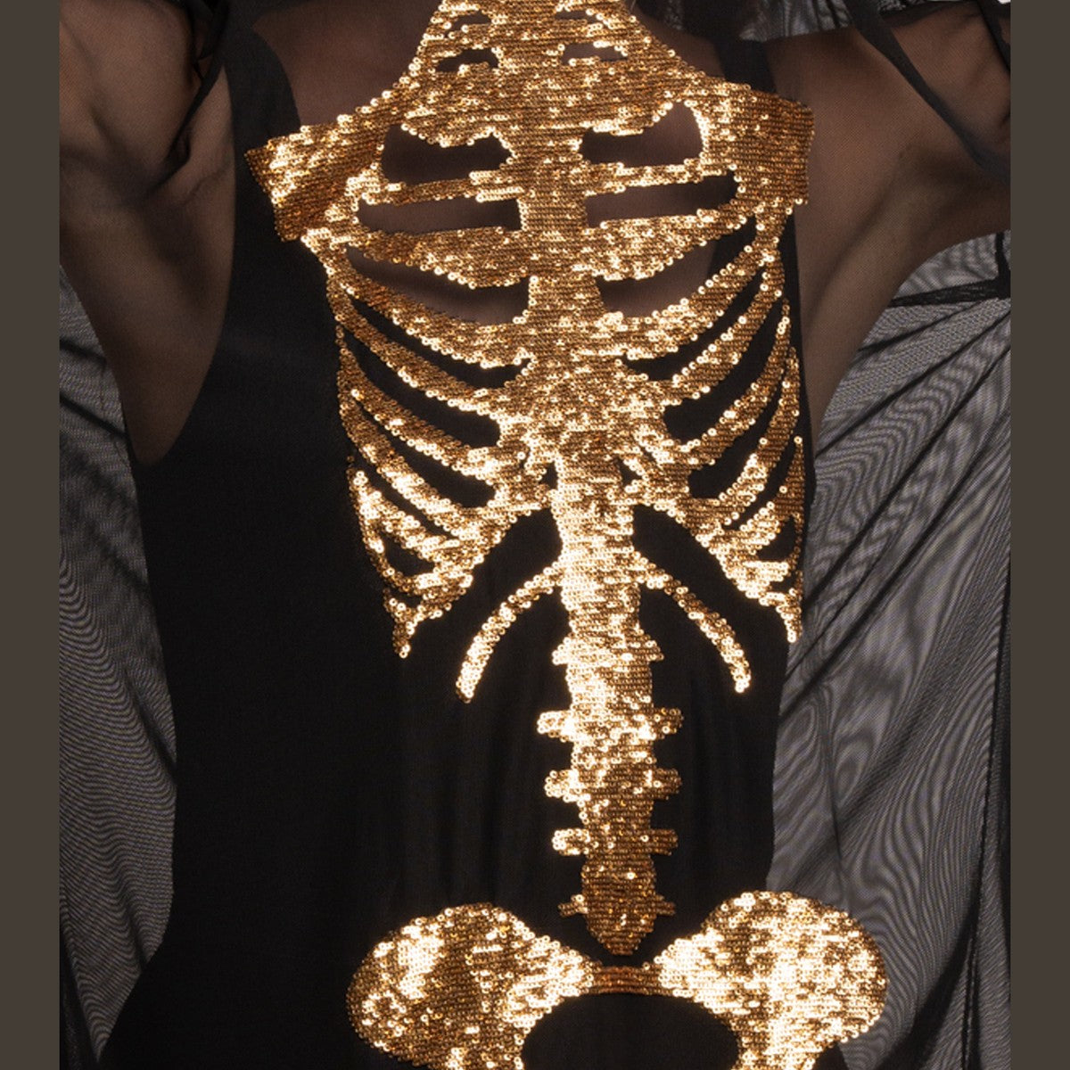 Metallic Gold Skeleton Graphic Short Sleeve Bodycon Dress with Sheer Mesh